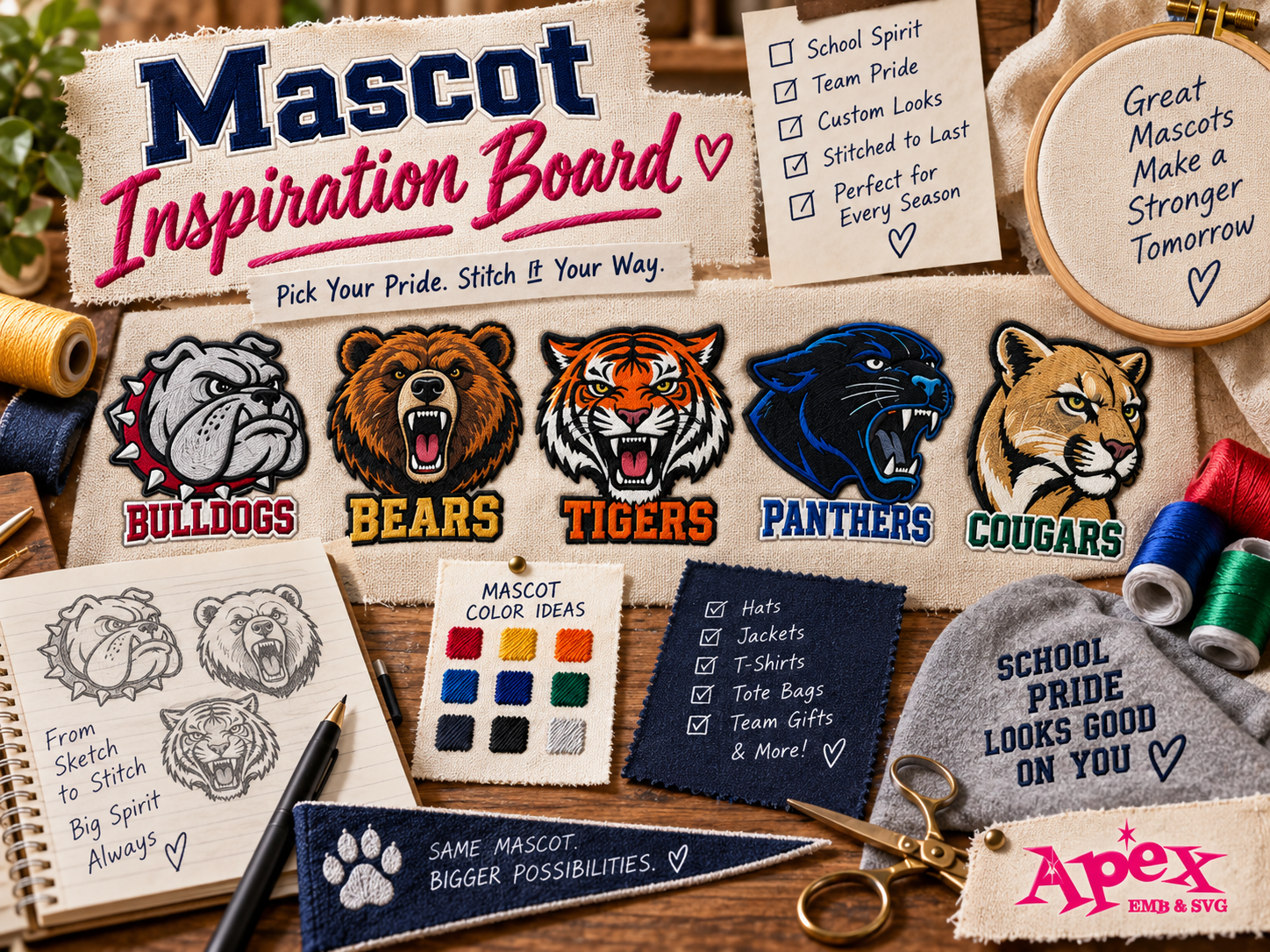 School Mascot Embroidery Inspiration Board