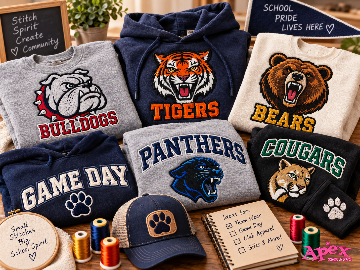 School spirit sweatshirts with bulldog, tiger, bear, panther and cougar mascot embroidery designs