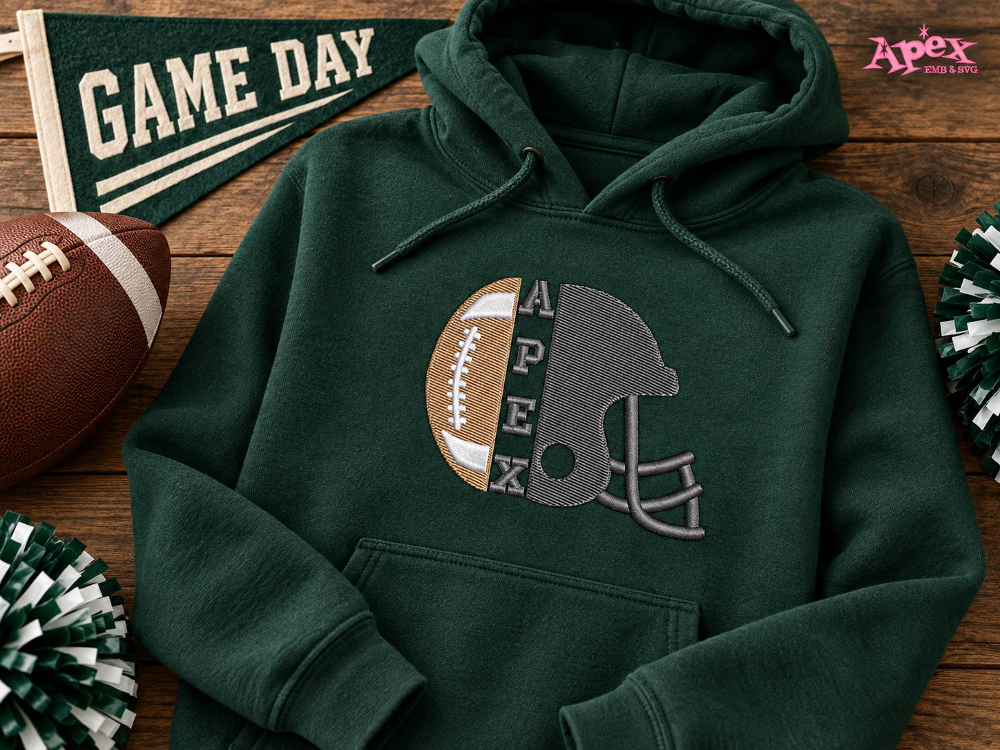 Football game day embroidery design on green school spirit hoodie