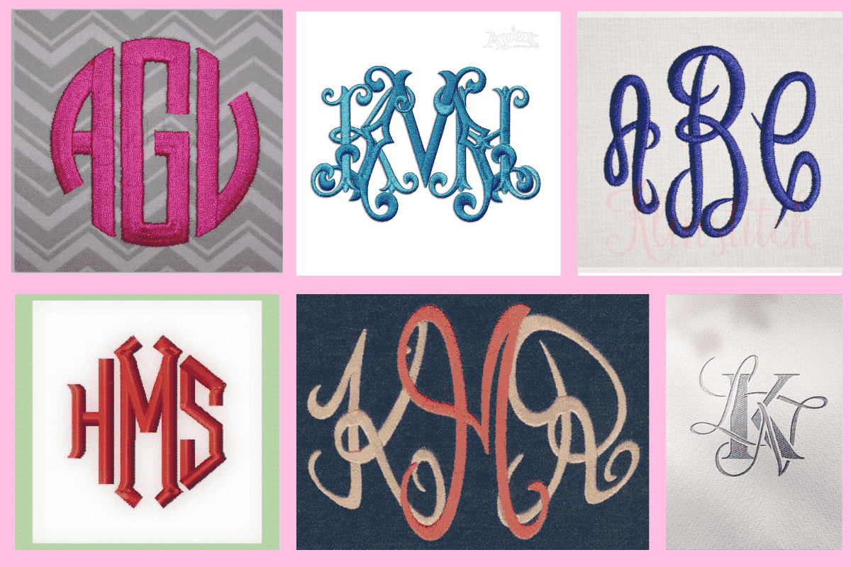 Embroidery of a three-letter monogram.