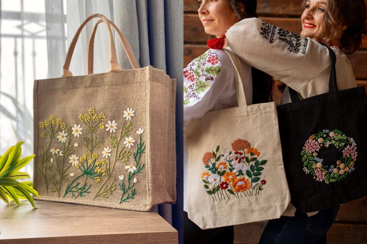 Floral and Botanical Embroidery on tote bags