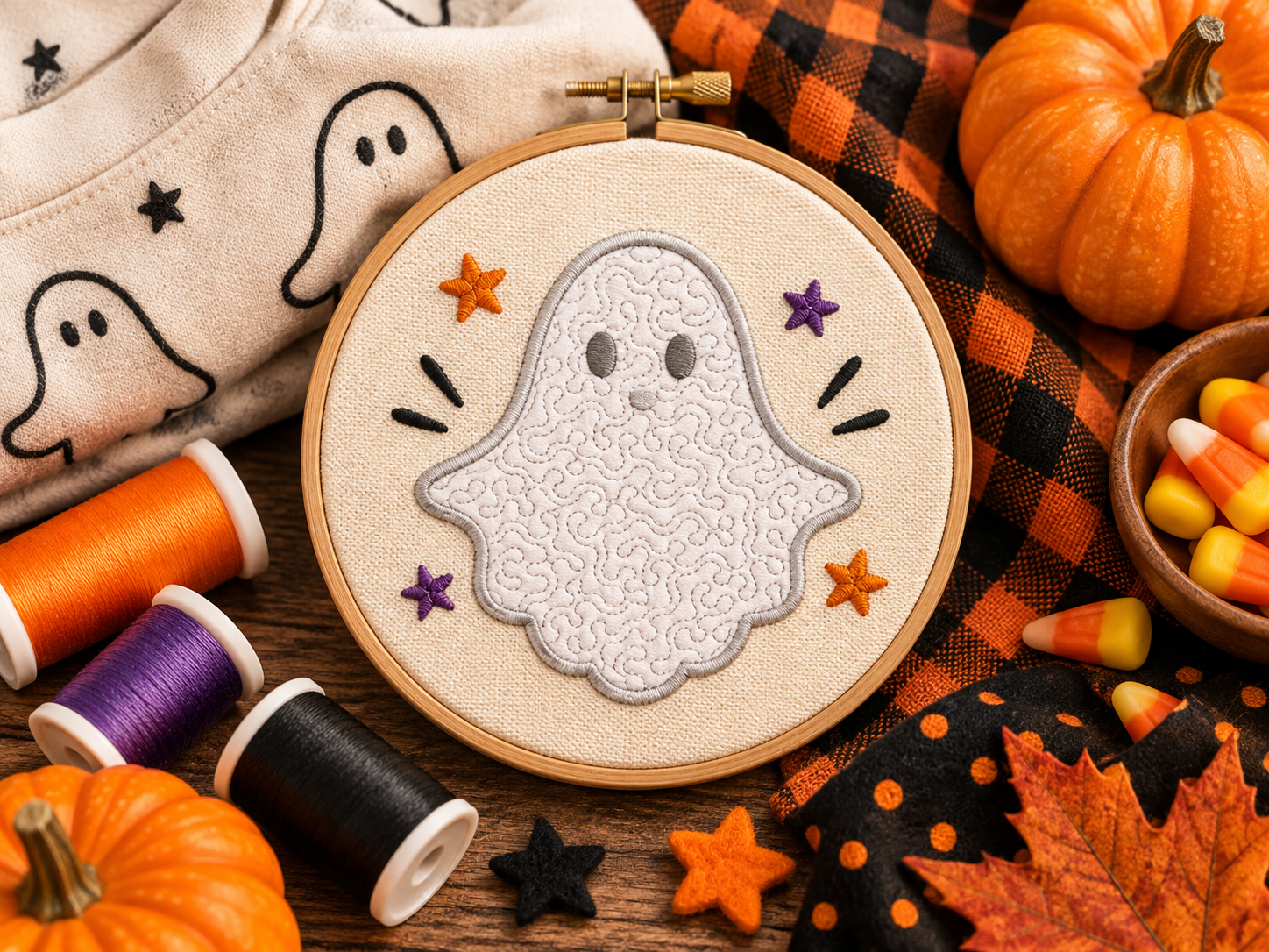 Cute ghost applique embroidery design for Halloween Trick or Treat projects