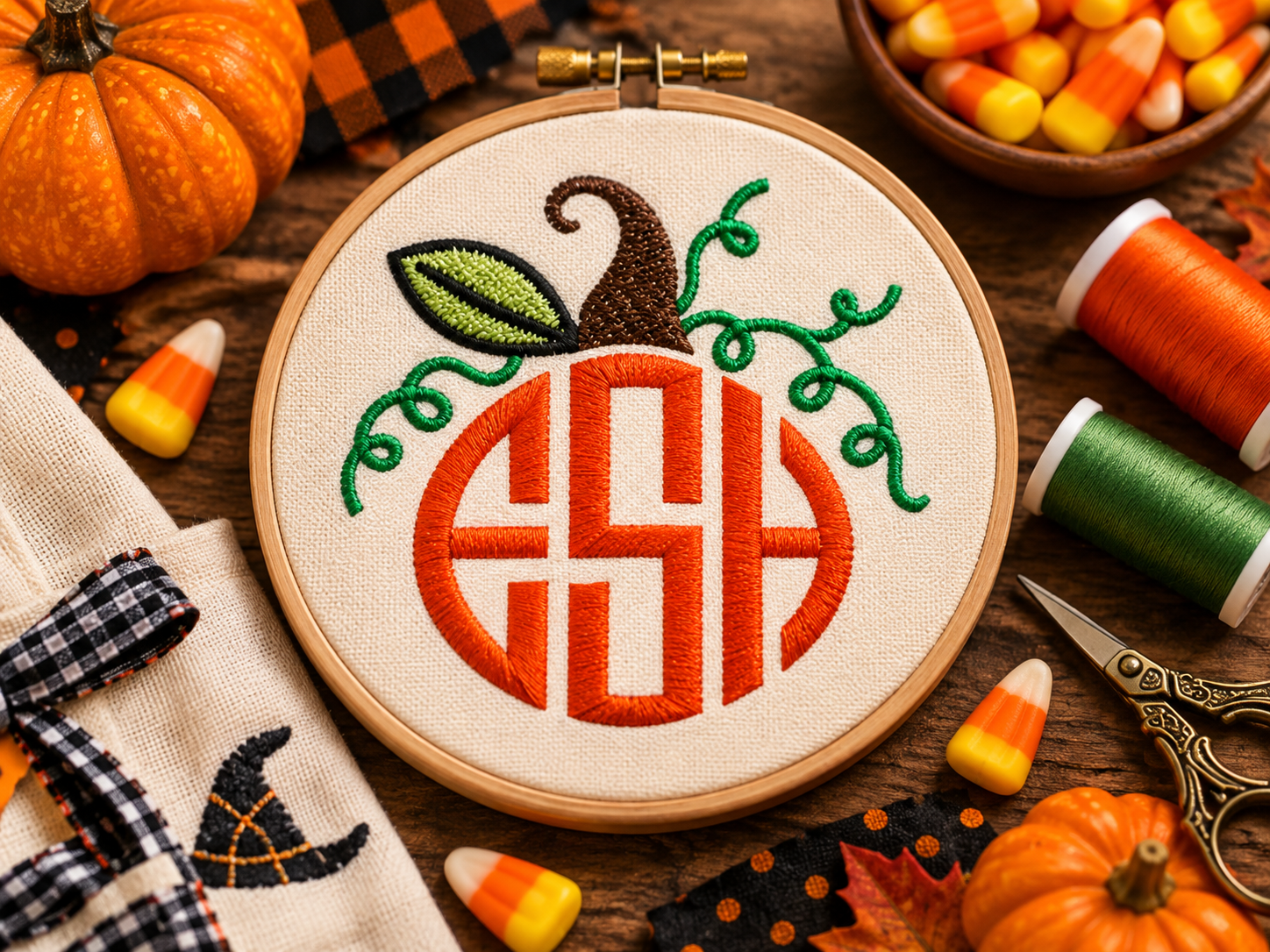 Pumpkin monogram embroidery design with green vines for personalized Halloween projects