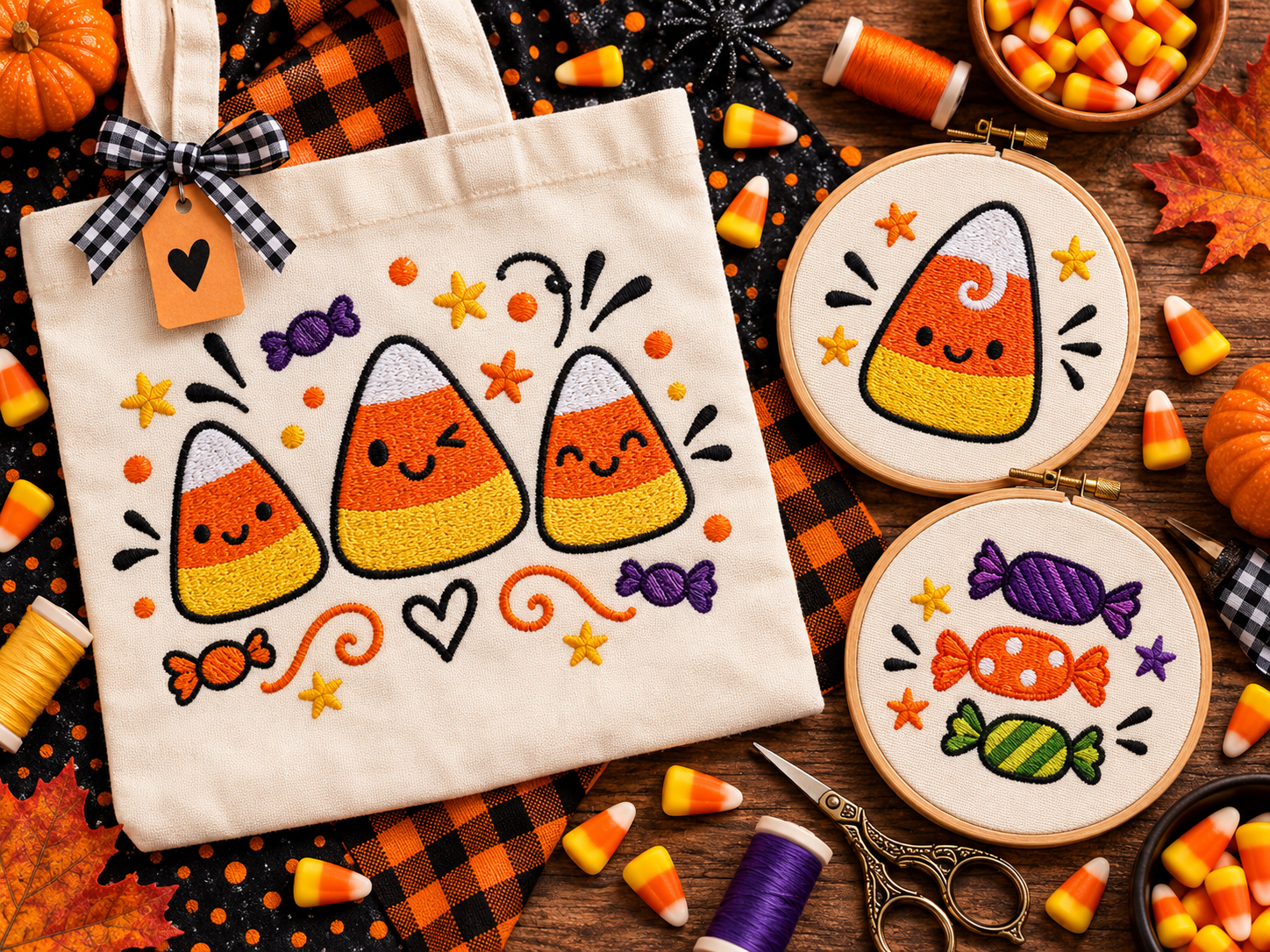 Candy corn embroidery designs on a Halloween tote bag and embroidery hoops