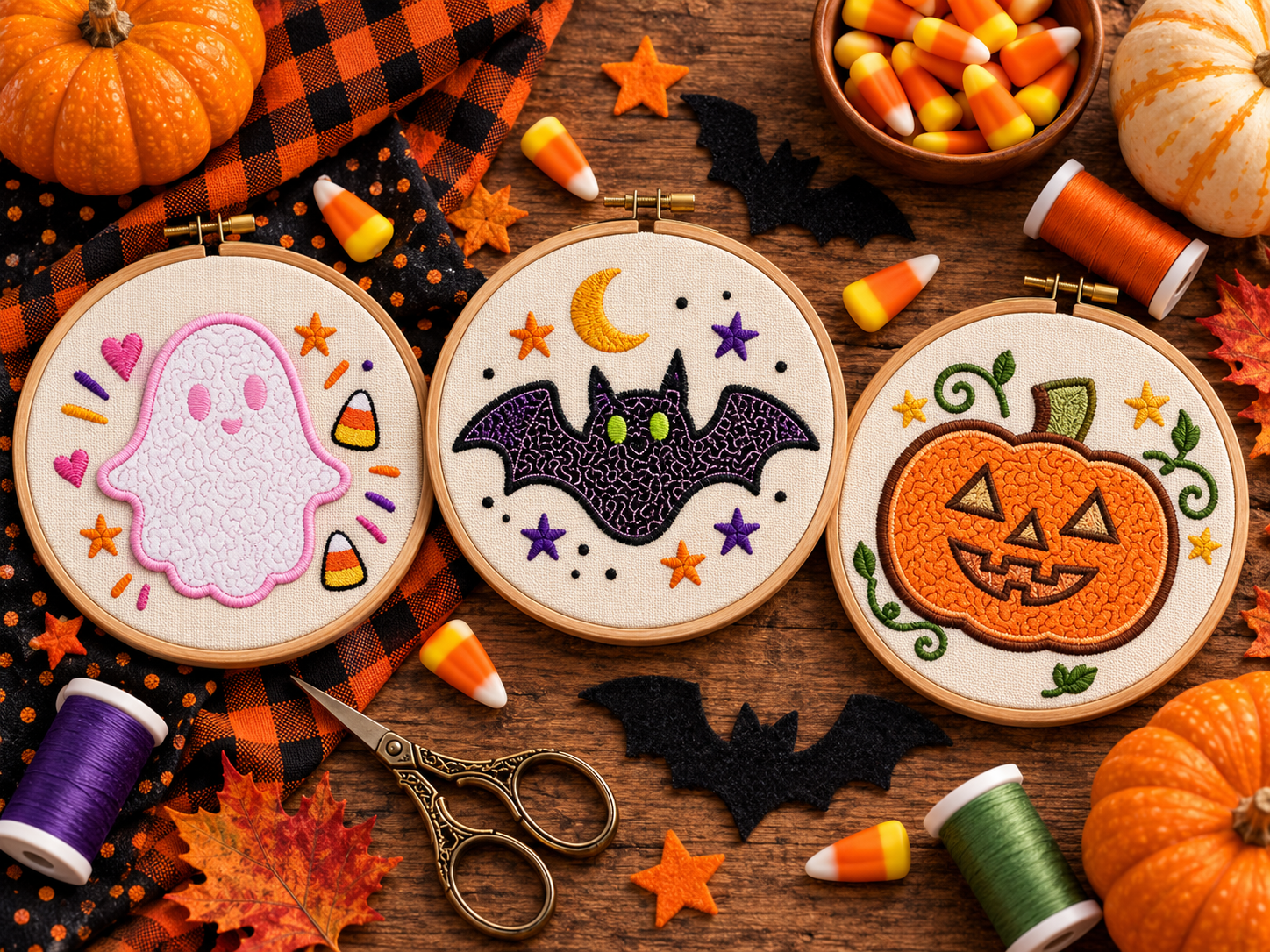 Cute ghost, spooky bat and jack-o-lantern Halloween embroidery designs