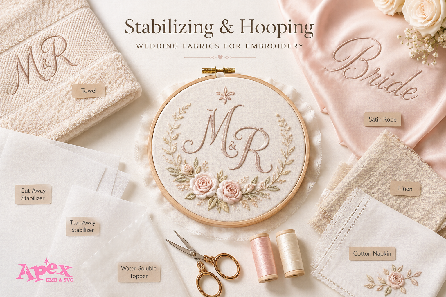 Wedding embroidery fabrics with stabilizer, hoop, thread, towel, satin, linen, and cotton napkin