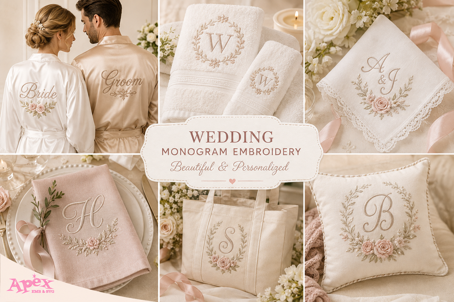 Personalized wedding monogram embroidery ideas for robes, towels, handkerchiefs, napkins, tote bags, and pillows