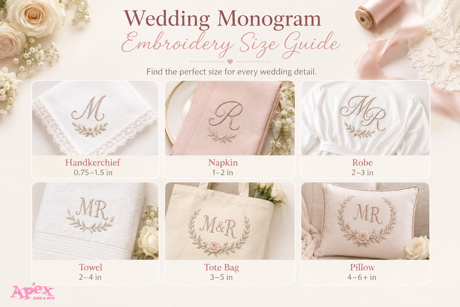 Wedding monogram embroidery size guide for handkerchiefs, napkins, robes, towels, tote bags, and pillows