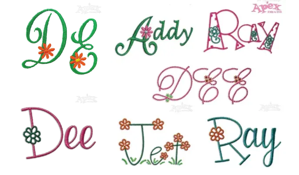 Apex' embroidery font collection offers diverse lettering styles for different projects, sizes, and stitching needs