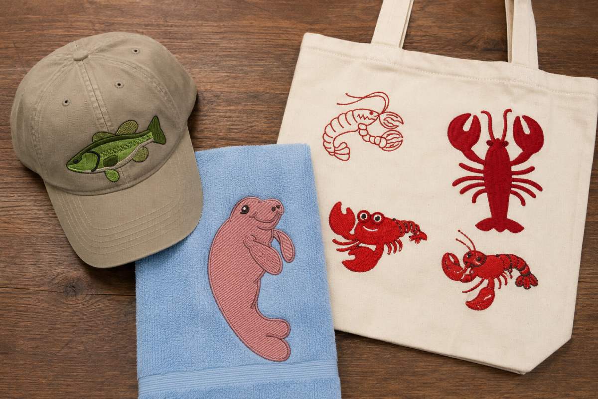 Coastal animal embroidery is not limited to beach shirts.