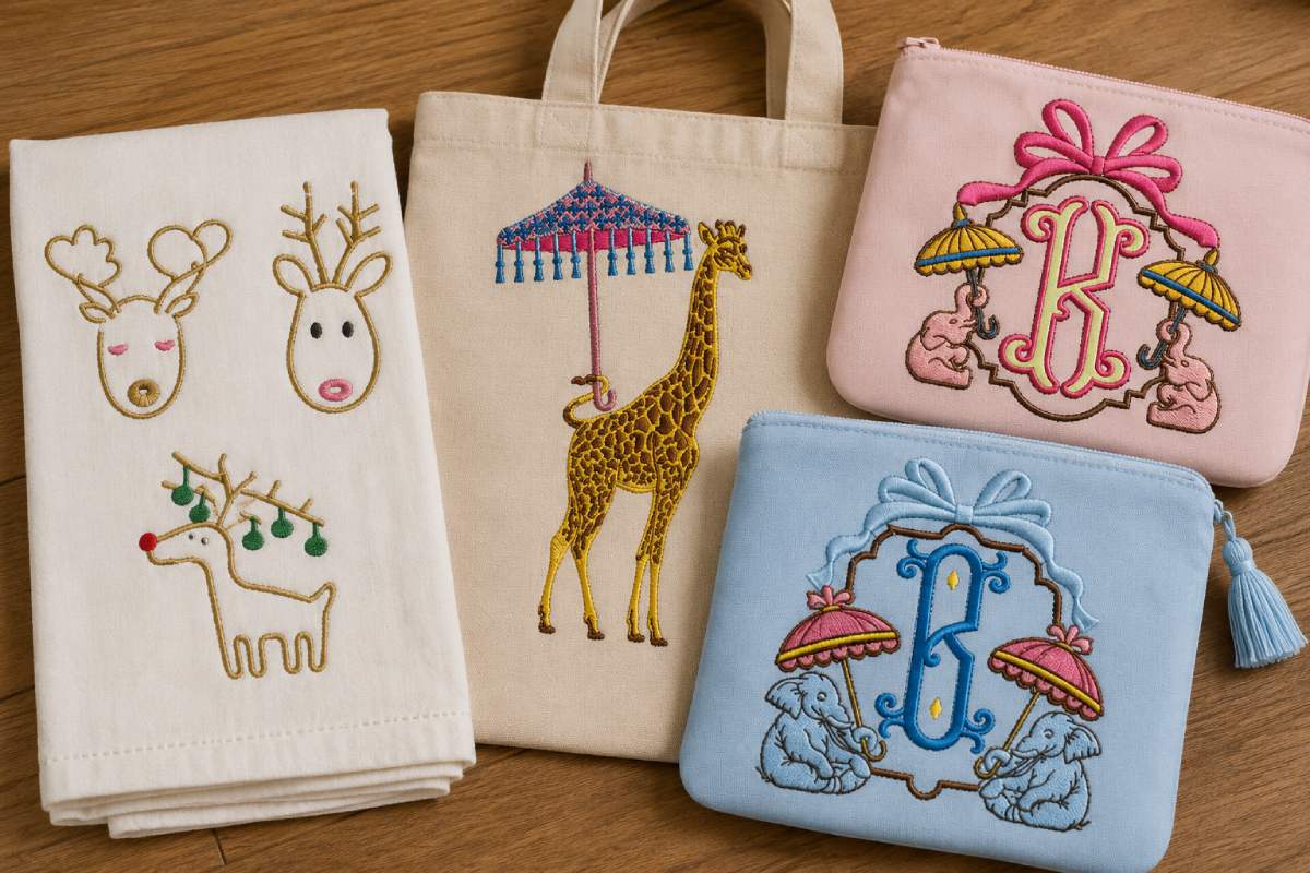 Run-stitch, sketch and line-art animal embroidery designs create a lighter visual finish.