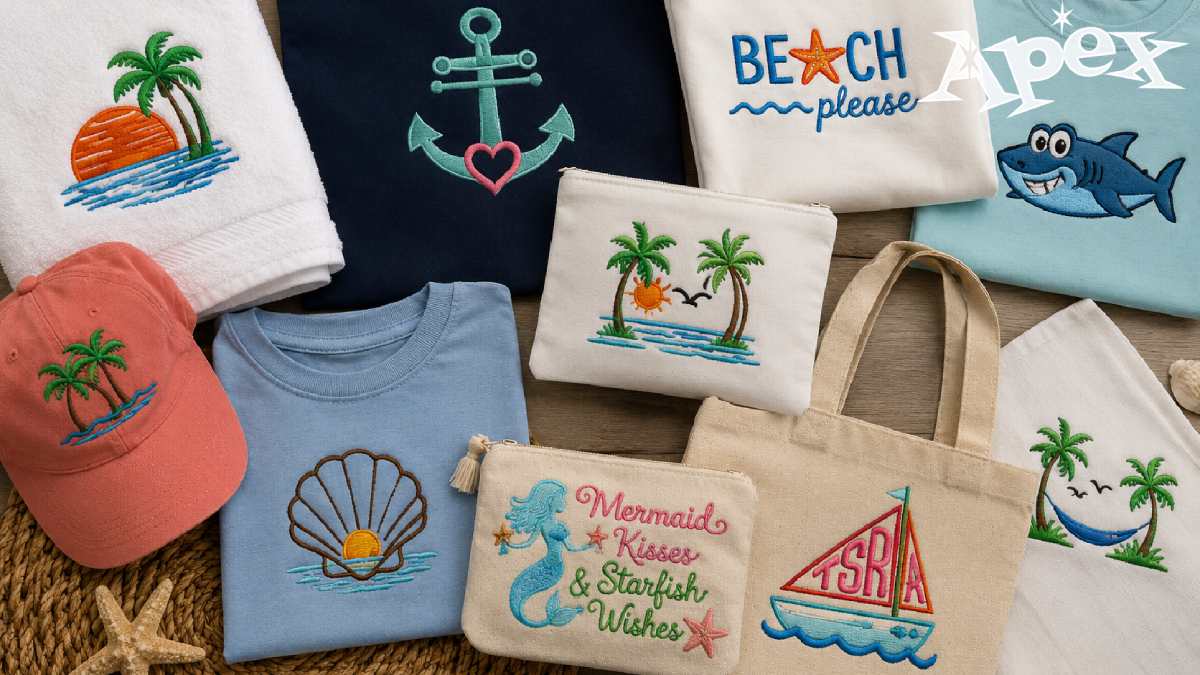 Beach embroidery designs for towels, totes, shirts, pouches, and summer coastal projects.