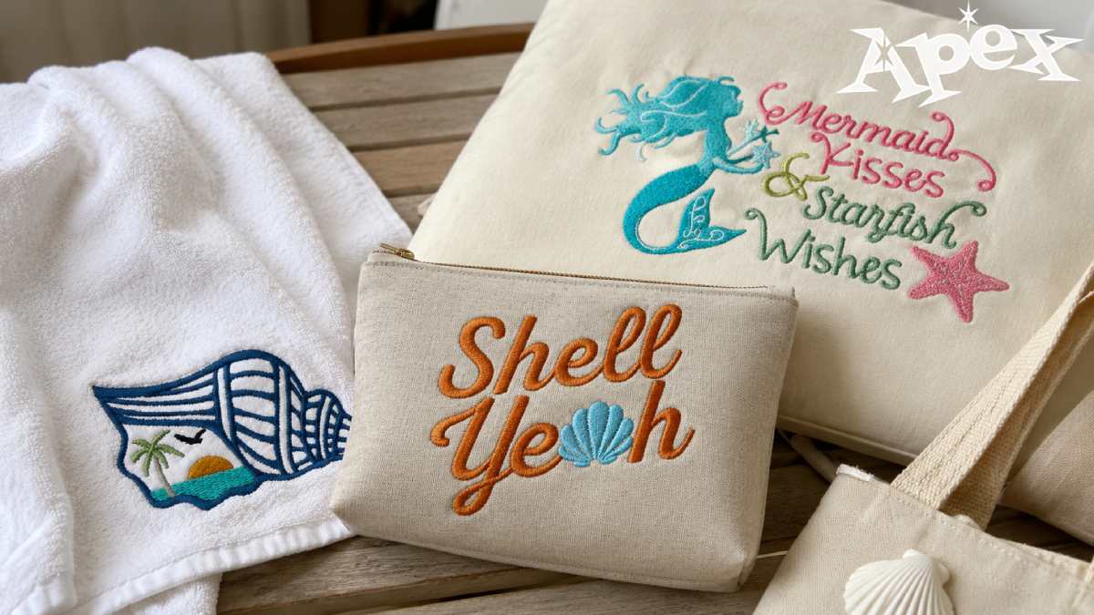 Apex designs that fit this group include Seashell and Sunset Embroidery Design, Shell Yeah Embroidery Design, and Mermaid and Star Fish Embroidery Design.