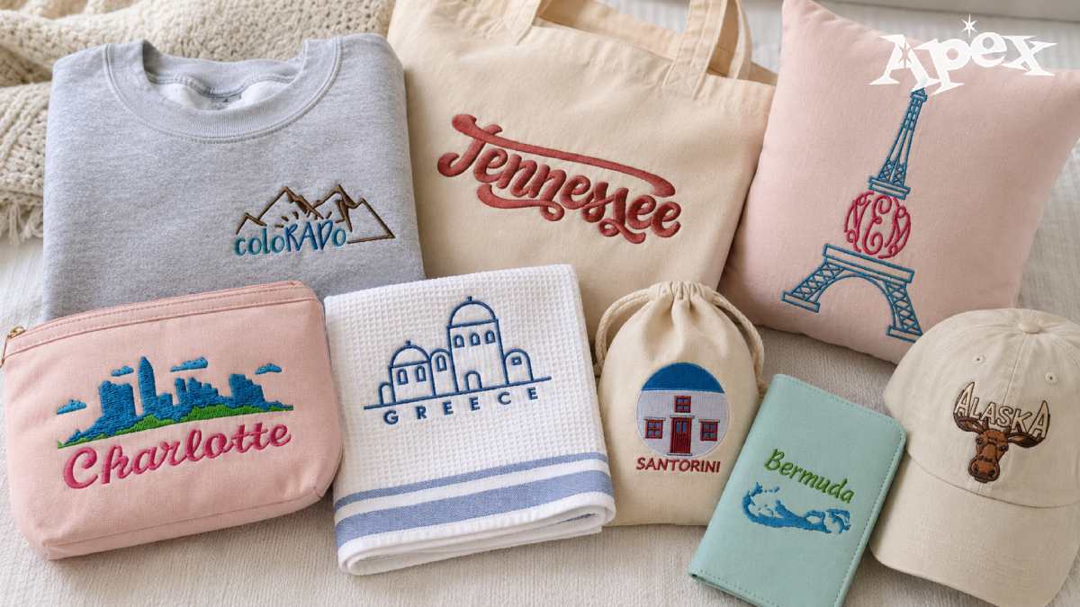 States and country embroidery designs for travel keepsakes, hometown gifts, and local boutique projects.