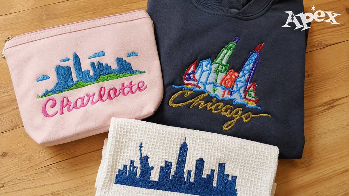 Apex has city-focused files such as Charlotte City Skyline Embroidery Design, Chicago City Embroidery Design, and New York City Skyline Building Bundle.