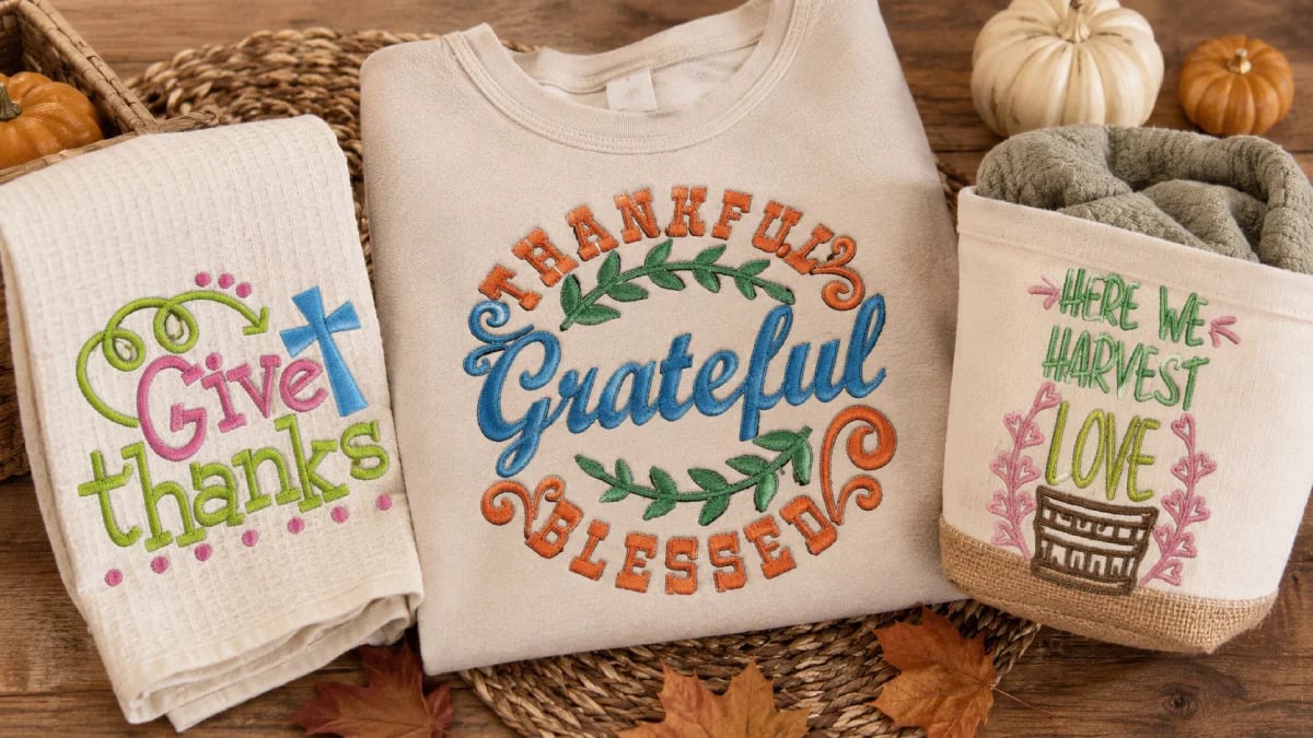 “Give Thanks,” “Thankful,” “Grateful,” “Blessed,” and harvest-inspired messages work naturally on kitchen towels, sweatshirts, table linens, fabric baskets, tote bags, and gifts.