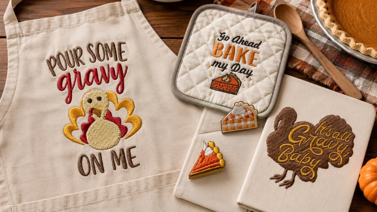 Pumpkin pie, gravy jokes, feast sayings, and playful turkey artwork work especially well on aprons, kitchen towels, pot holders, pie carriers, recipe covers, and gifts...