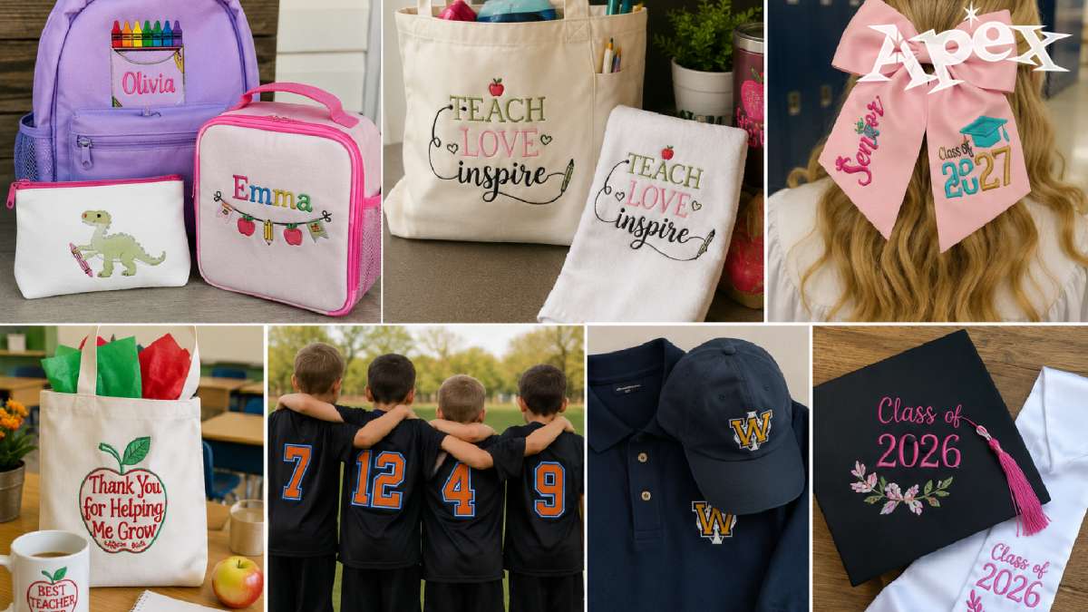 School embroidery designs for every school-year moment, from back-to-school bags and teacher gifts to spirit wear, uniforms, and graduation keepsakes.