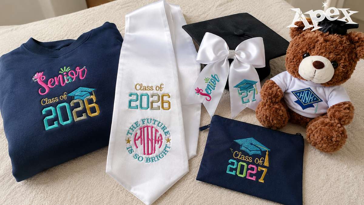 Parents, grandparents, teachers, and boutique makers often need school embroidery designs for senior gifts, class shirts, graduation cap, sash, bowties, party items,..