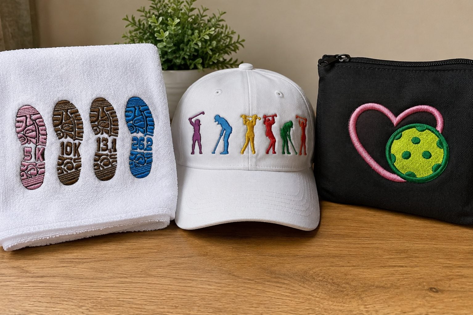 These styles work well on towels, caps, pouches, sports bags, event shirts and personal gifts.