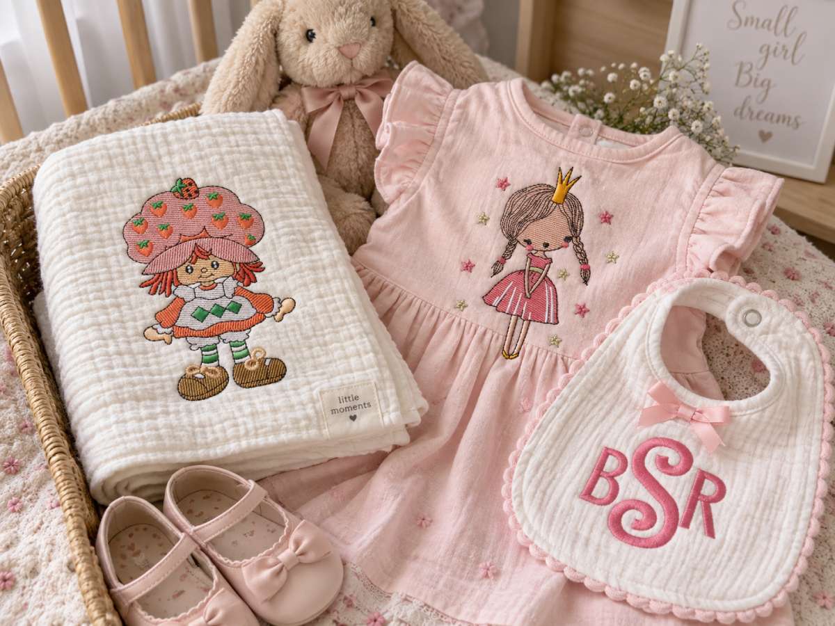 A princess dancer, doll or decorative alphabet makes sense on a little dress, shirt, blanket or personalized nursery item.