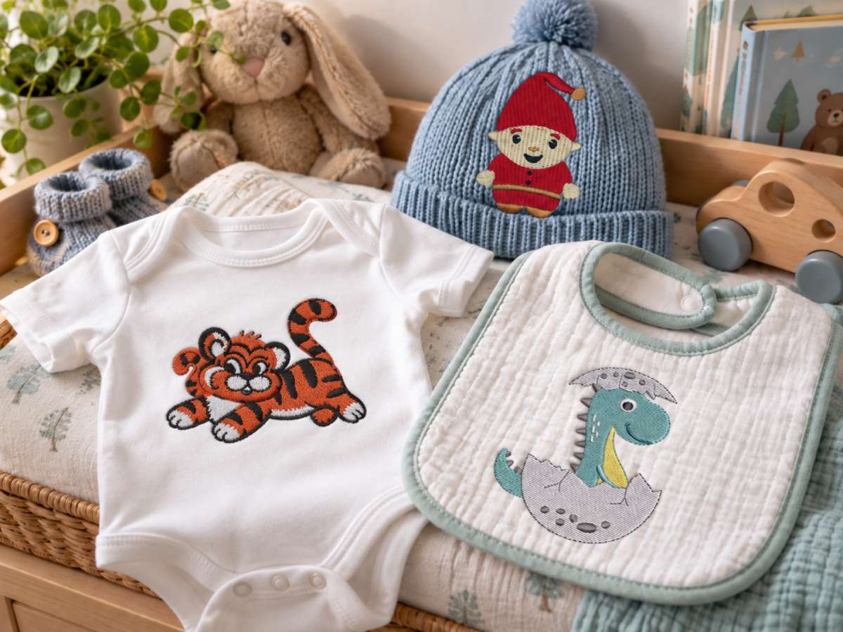 Baby boy embroidery designs often lean toward playful animals, dinosaurs, simple characters and bold little motifs that work well on onesies, bibs, shirts, blankets and toddler clothing.