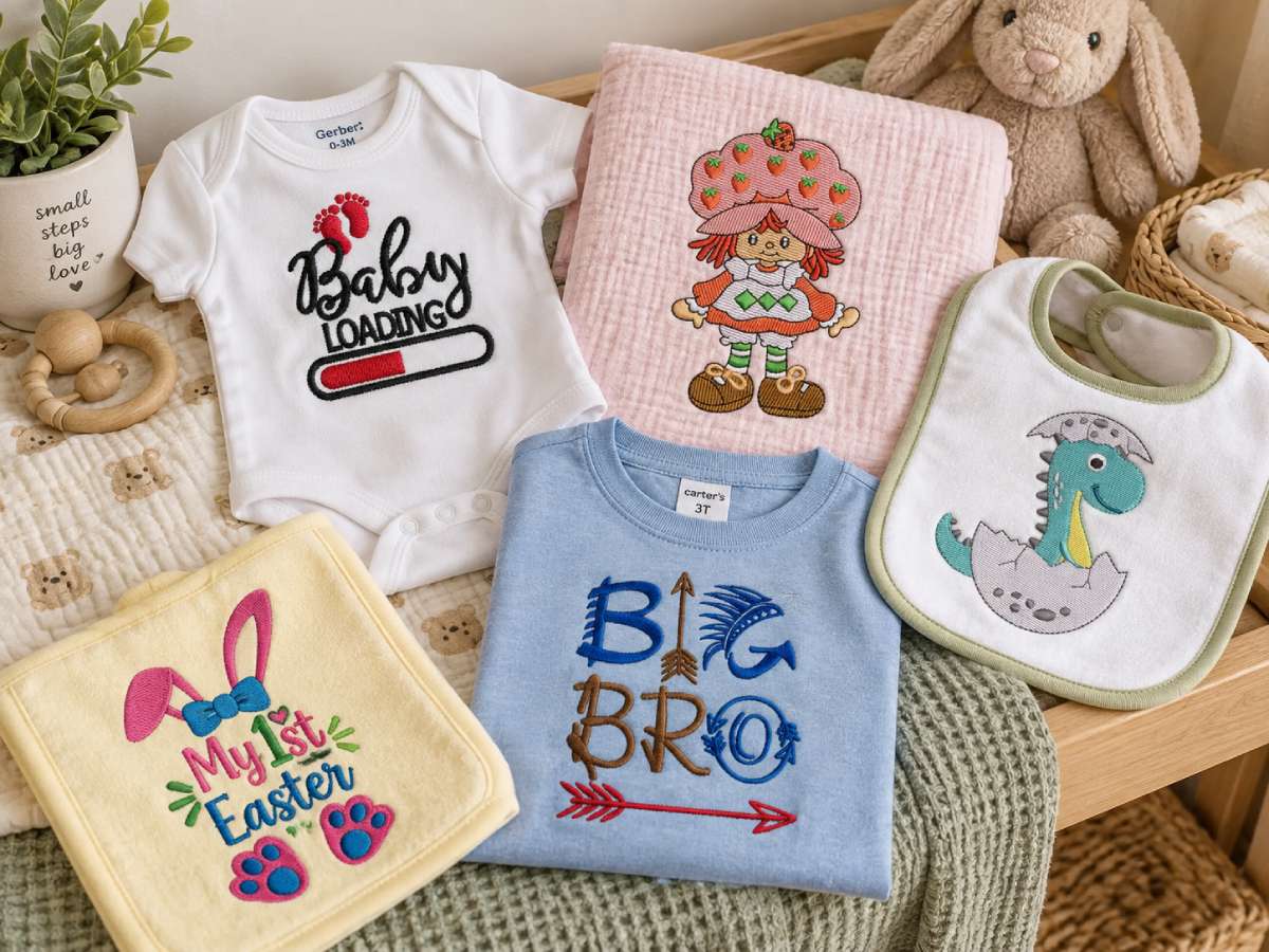Baby embroidery designs for newborn gifts, first milestones, nursery keepsakes and family announcements.