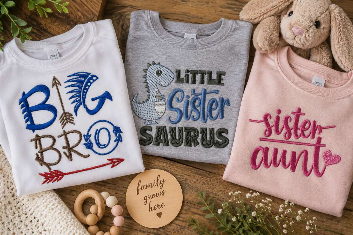 Family-role embroidery turns the new arrival into a matching project rather than making every design only about the newborn.
