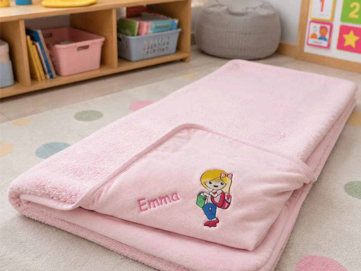 Personalized nap mat with light school-themed embroidery — a soft, practical idea for preschool, daycare, and kindergarten.