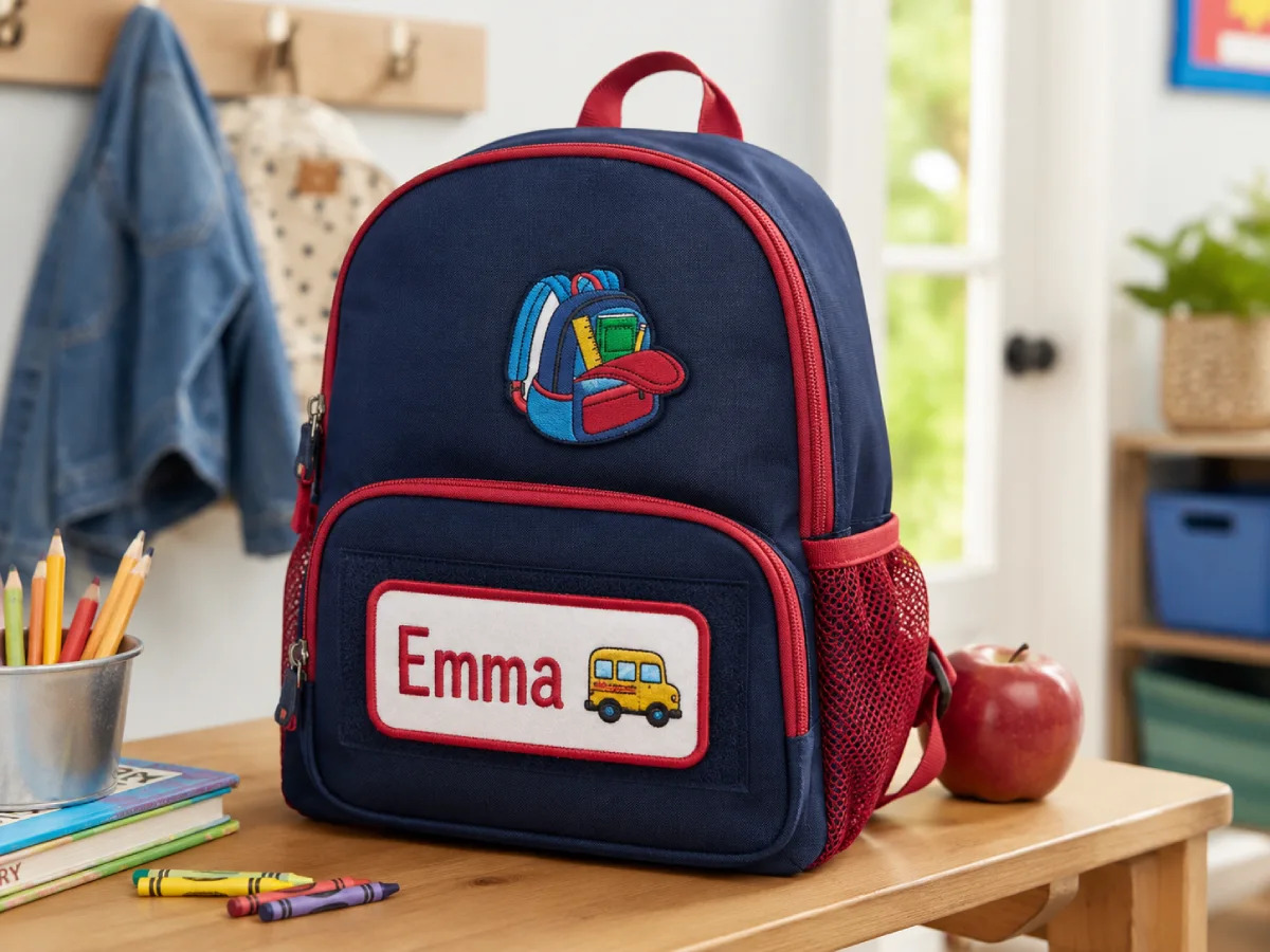 Name patch with school bus embroidery — an easy way to personalize thick backpacks without hooping the bag directly.