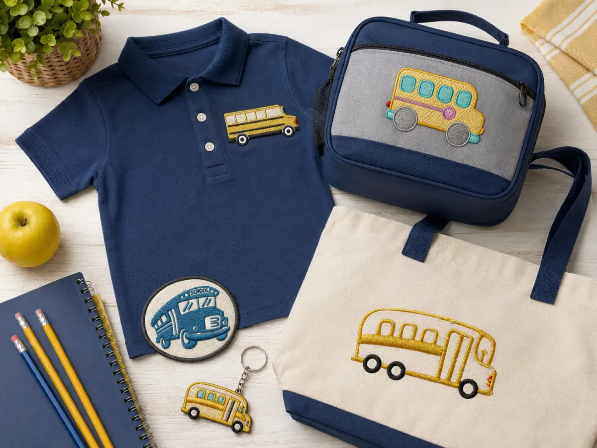 School bus embroidery designs can be used across shirts, lunch bags, totes, patches, and keychains for fun back-to-school projects.