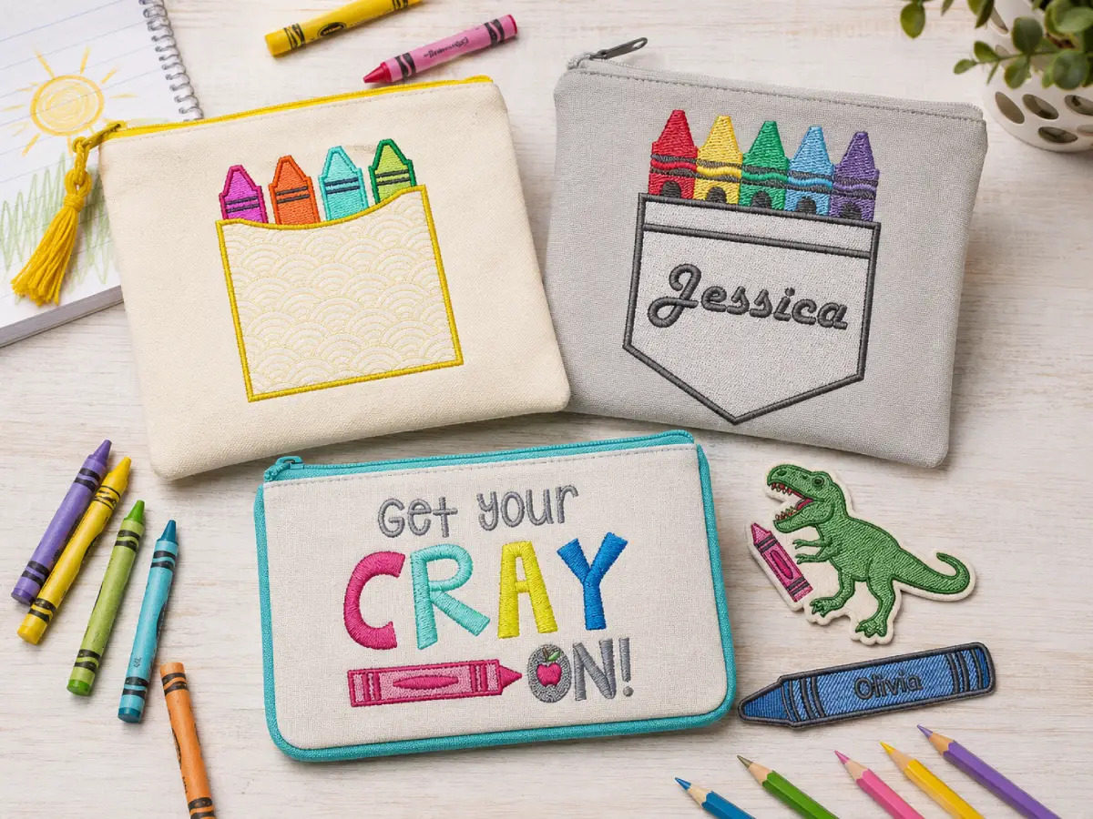 Pencil cases are one of the most natural places to use back to school embroidery designs