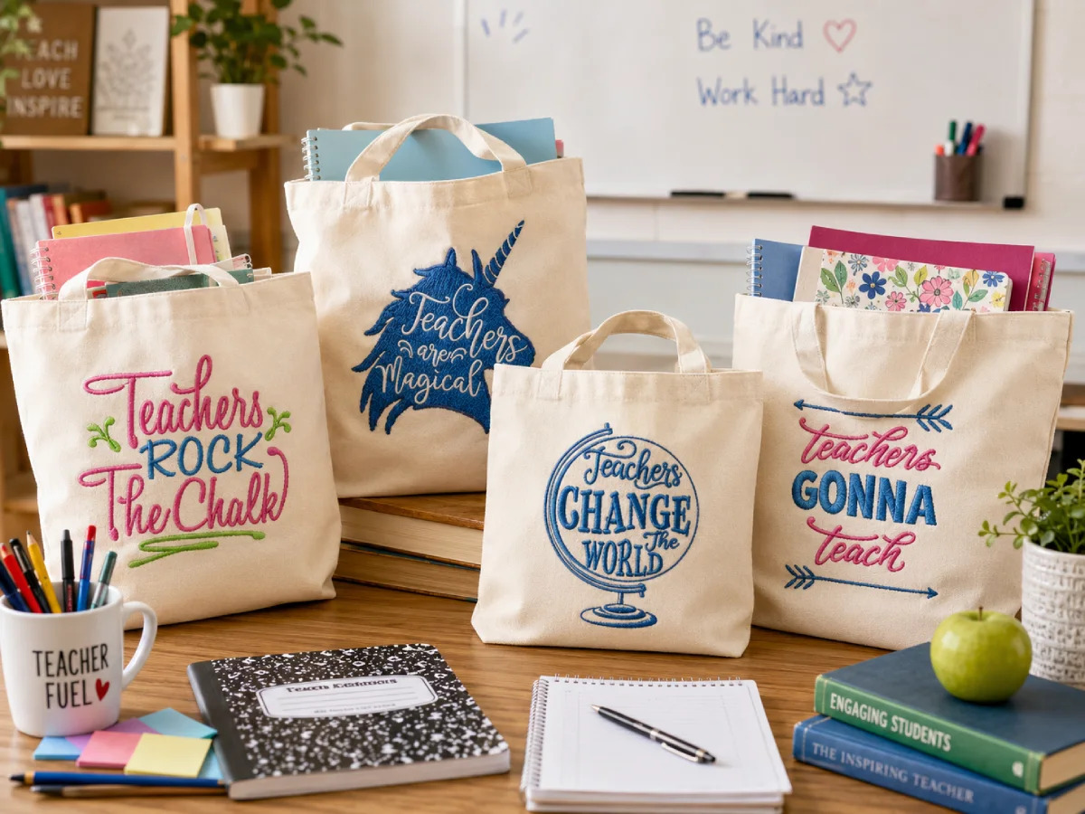 Teacher quote embroidery designs add personality to tote bags while making them practical gifts for carrying classroom essentials.