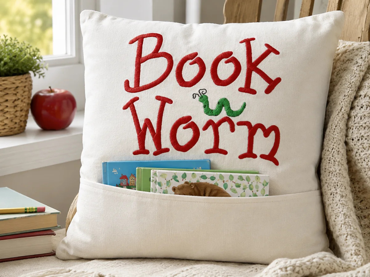 Reading pillow with a front book pocket and Bookworm embroidery — a cozy gift idea for young readers during the school year.