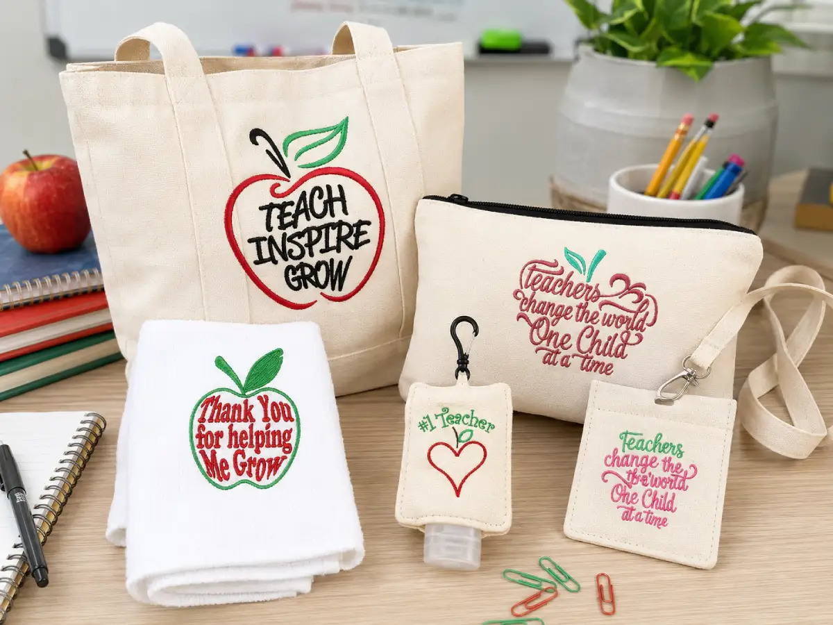 Back-to-school teacher gifts can be simple yet meaningful, with embroidered towels, pouches, totes, lanyard holders, and sanitizer holders that are both useful and thoughtful.