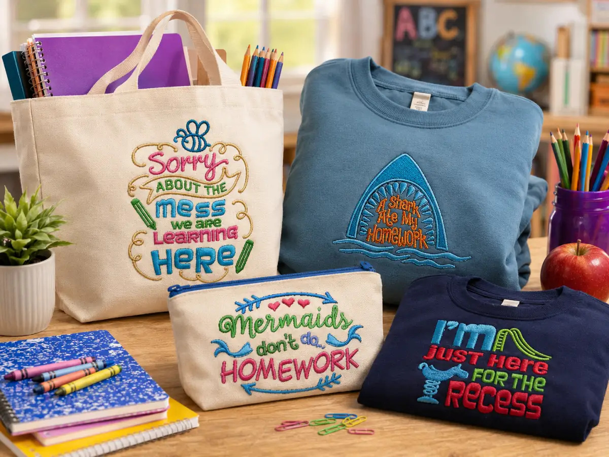 Funny school saying embroidery designs are a playful way to personalize shirts, sweatshirts, totes, and classroom gifts for back-to-school season.