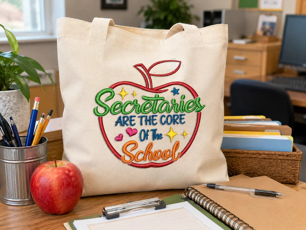 Secretary gift tote with colorful apple embroidery — a thoughtful back-to-school idea for school office staff and support teams.
