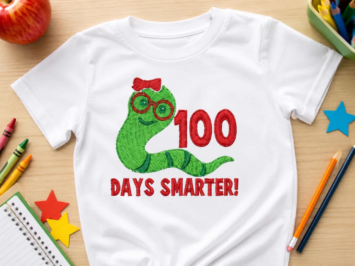 100 Days Smarter shirt with bold embroidery — a fun keepsake for celebrating the 100th day of school.