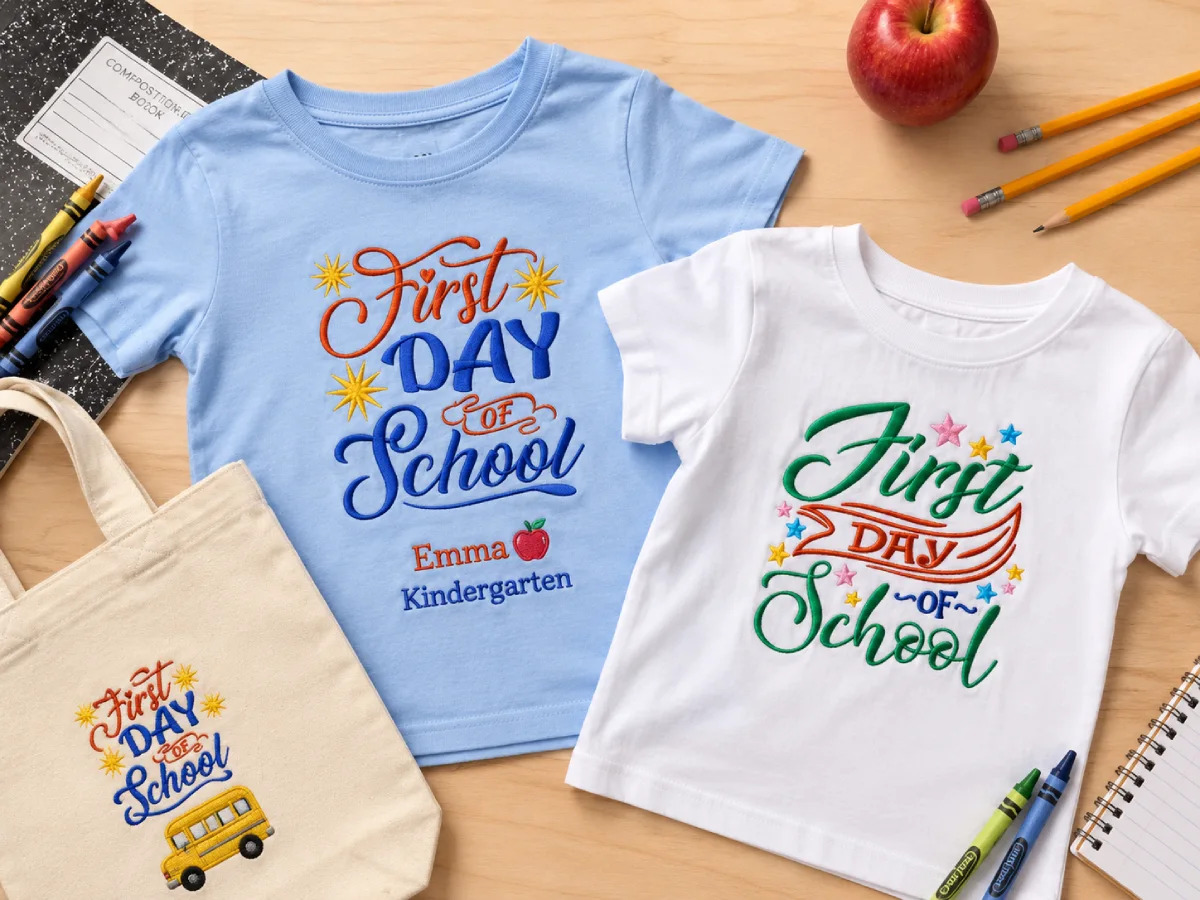First-day embroidery shirts with bold lettering, a child’s name, and simple school icons make back-to-school outfits more personal and photo-ready.