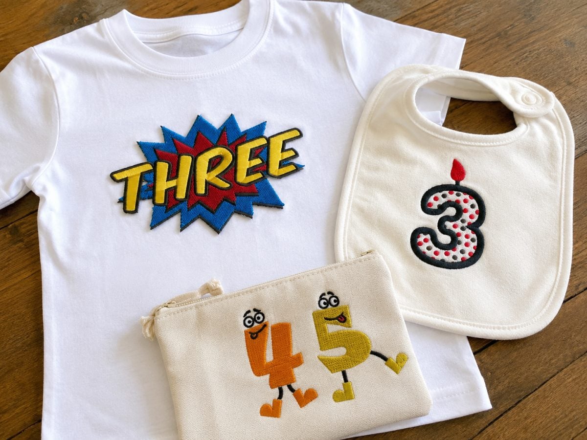 Number embroidery fonts offer more flexibility than a finished birthday layout.
