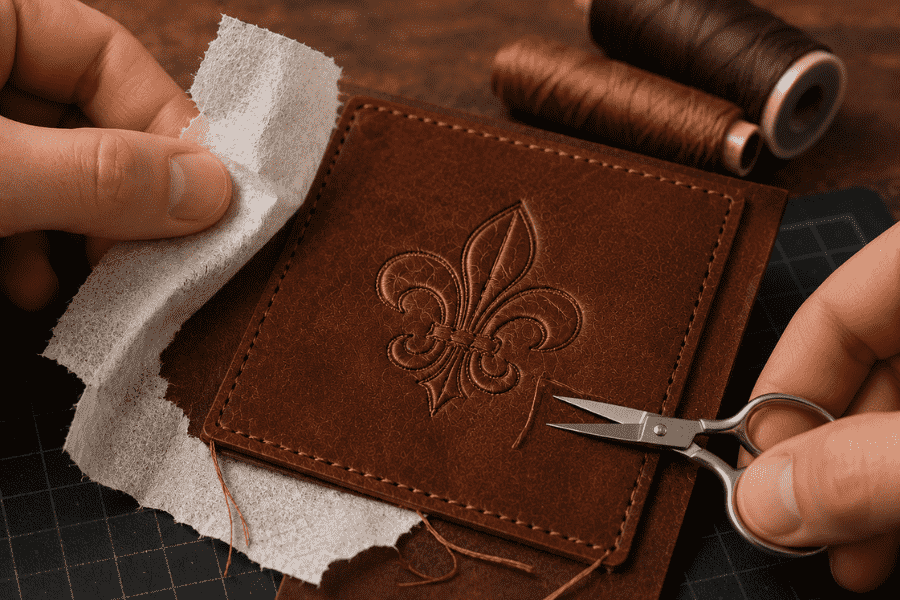 After embroidering, trim any excess threads on the embroidered product.