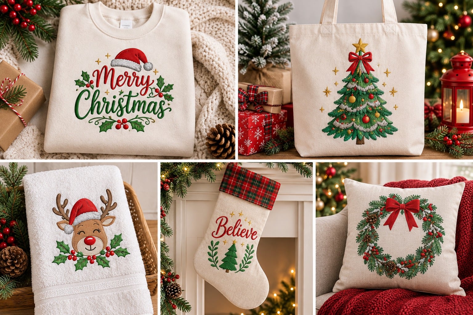 Christmas machine embroidery mockups featuring a decorated tree, reindeer towel, stocking, wreath pillow, and holiday sweatshirt