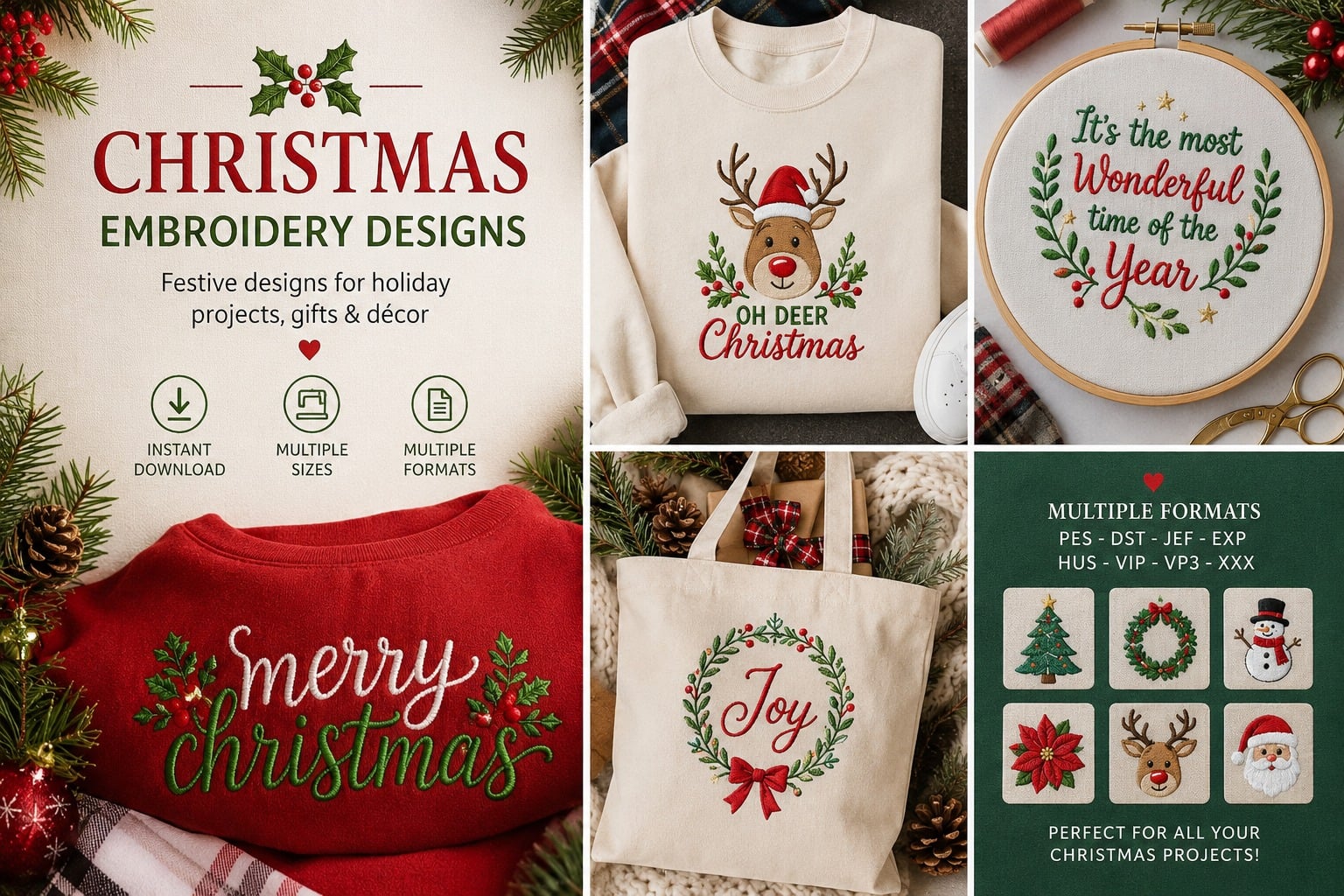 Festive machine embroidery projects featuring Merry Christmas lettering, a gnome, wreath, reindeer, and holiday towel