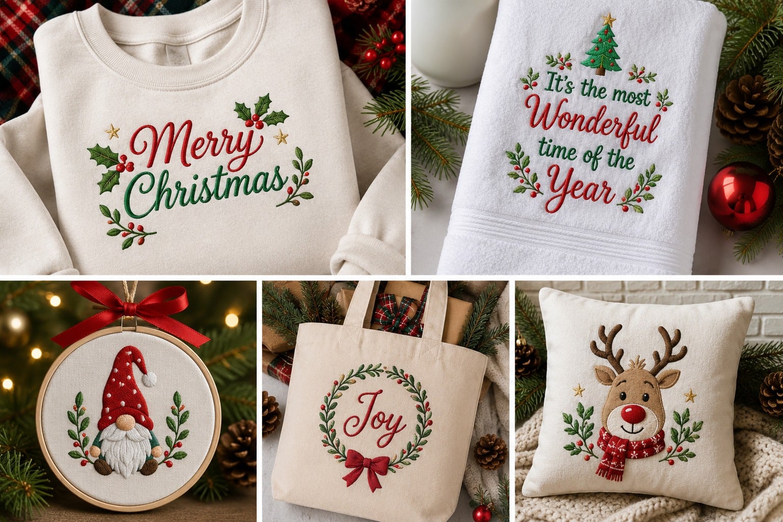 Christmas embroidery designs displayed on sweatshirts, tote bags, towels, pillows, and embroidery hoops