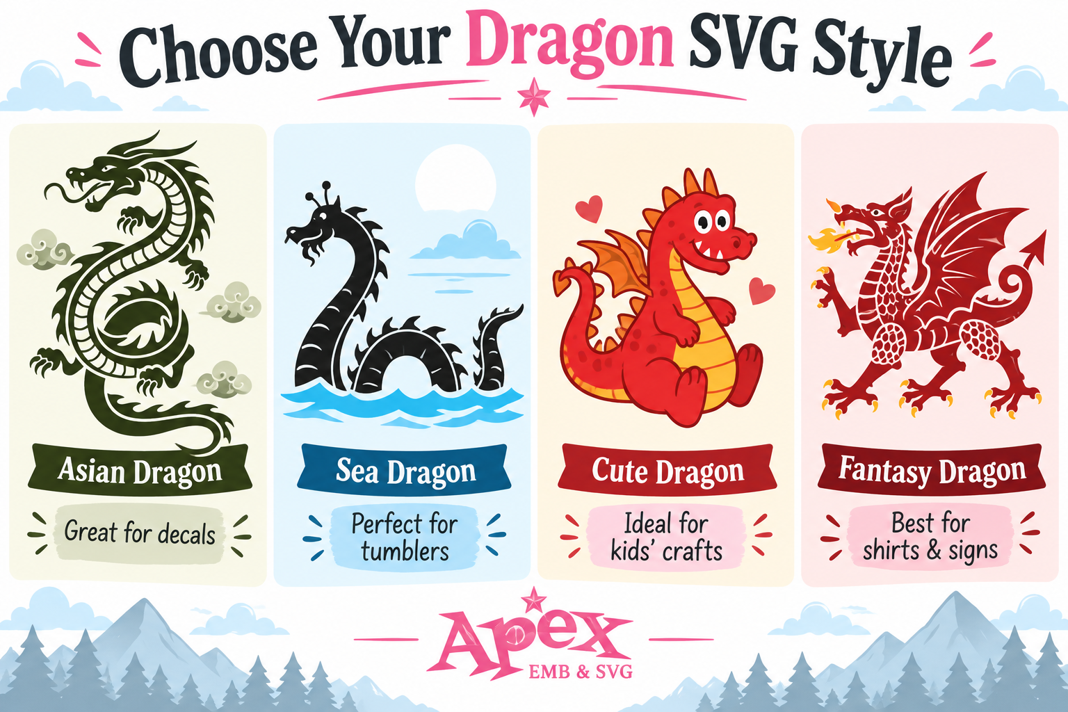 Choose a dragon SVG style for decals, tumblers, kids crafts, shirts and signs