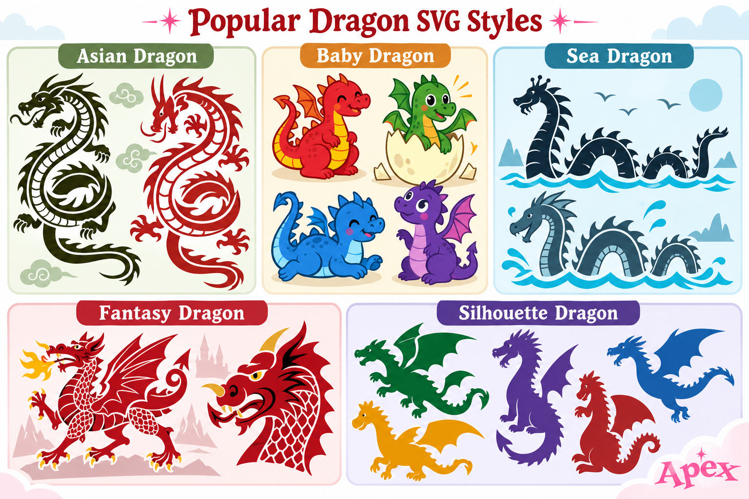 Popular dragon SVG styles including Asian dragon, baby dragon, sea dragon, fantasy dragon and silhouette dragon