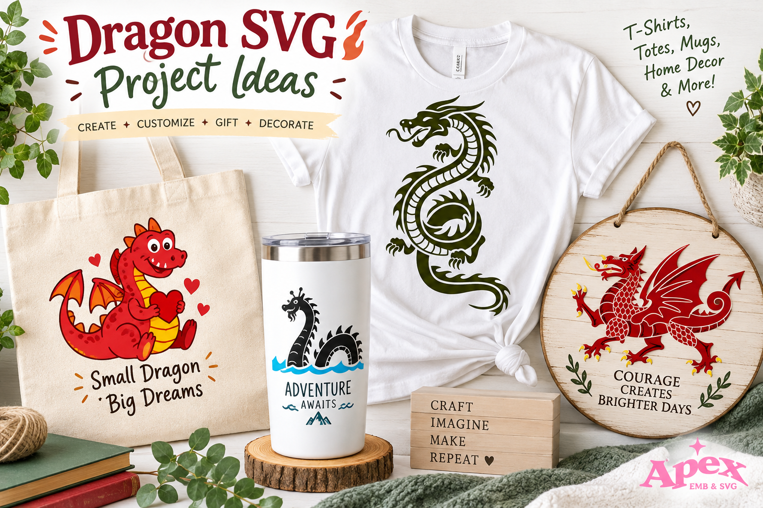 Dragon SVG craft project ideas for T-shirts, tote bags, tumblers and wall decor