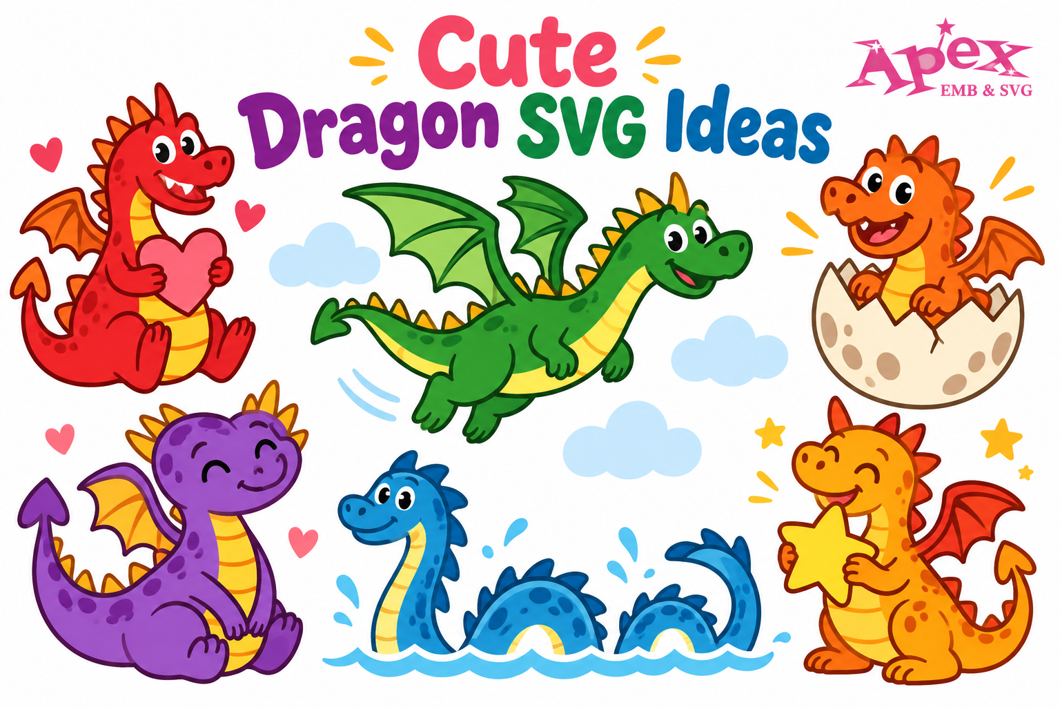 Cute dragon SVG designs featuring baby dragons, flying dragons and playful dragon cut files