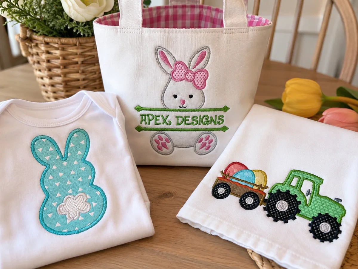 Appliqué changes the character of an Easter project because part of the design comes from fabric rather than thread alone.