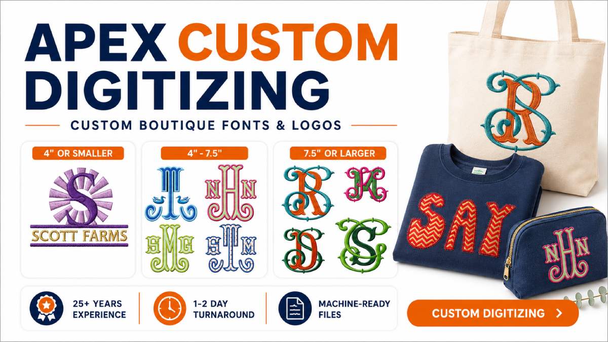 Apex with more than 25 years of digitizing experience in custom embroydery fonts and designs